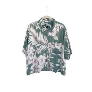 Tommy Bahama Shirt Size L Silk Floral Hawaiian Blouse Womens Green Purple Crop